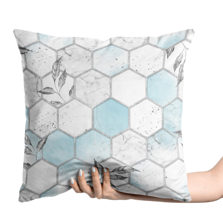 Decorative Velor Pillow Subtle hexagons - composition in shades of white and blue 147286 additionalImage 2
