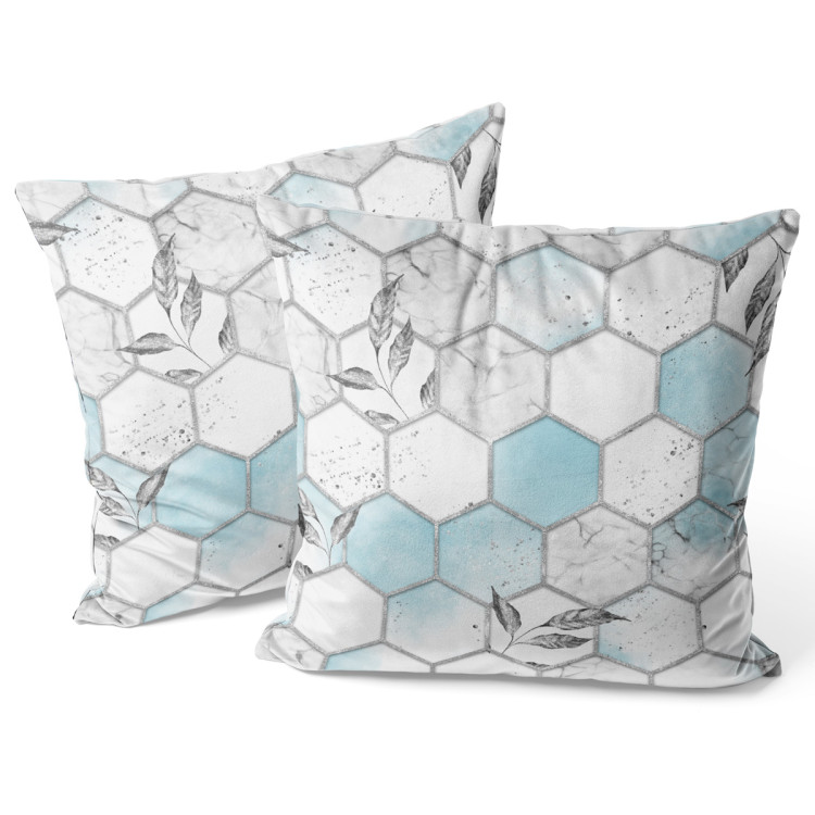 Decorative Velor Pillow Subtle hexagons - composition in shades of white and blue 147286 additionalImage 3