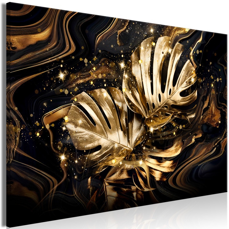 Canvas Print Golden Monstera - Dynamic Composition of Shiny Leaves 148786 additionalImage 2