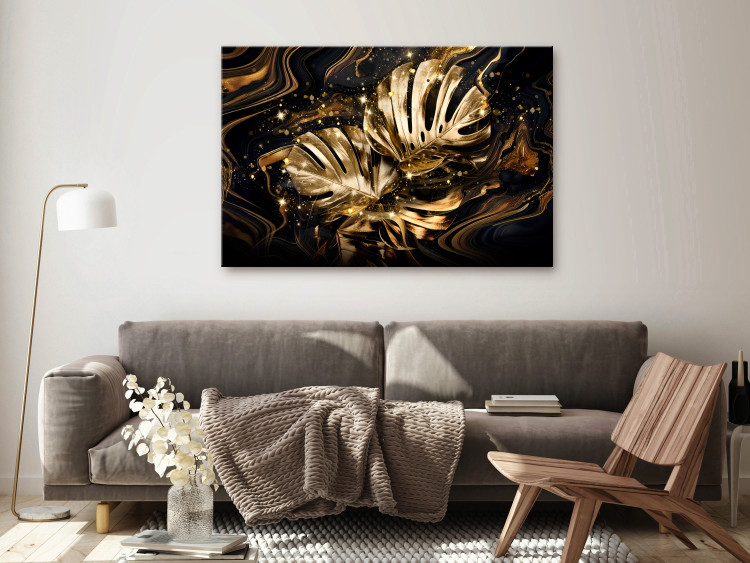Canvas Print Golden Monstera - Dynamic Composition of Shiny Leaves 148786 additionalImage 3