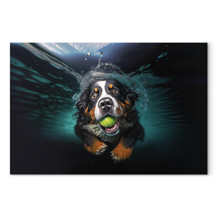 Canvas Print AI Bernese Mountain Dog - Floating Animal With a Ball in Its Mouth - Horizontal 150086