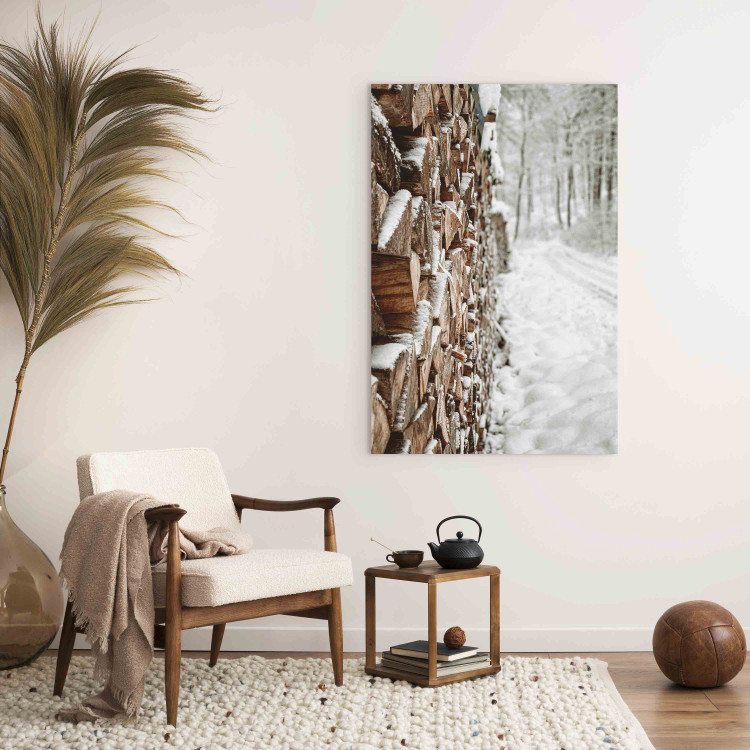 Canvas Print Winter Forest - Photo of a Pile of Wood on a Snowy Forest Road 151686 additionalImage 3