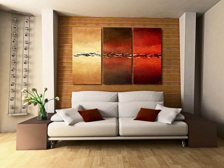 Canvas Print Streaks of Fantasy (3-piece) - Golden abstraction on a tricolour background 48186 additionalImage 3