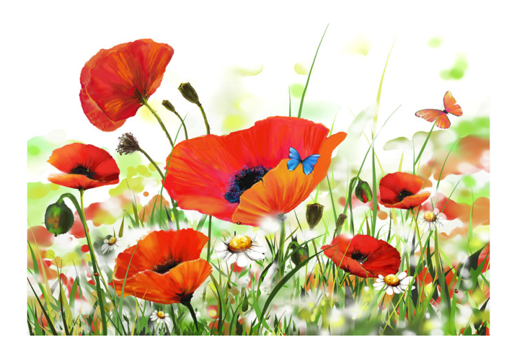 Wall Mural Space - Spring Landscape with Poppies and a Blue Butterfly in the Center 60386 additionalImage 1