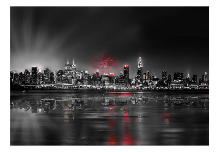 Photo Wallpaper New York - Nighttime Architecture with Water Reflection and Red Accent 61486 additionalImage 1