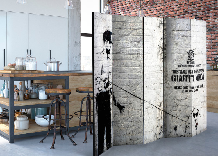Room Divider Graffiti Area - urban Banksy with people and writings on a brick wall 95286 additionalImage 2