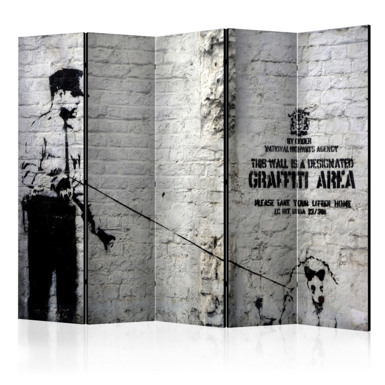 Room Divider Graffiti Area - urban Banksy with people and writings on a brick wall 95286