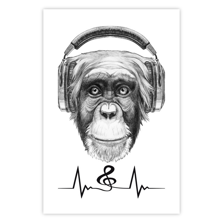 Wall Poster Musical Pulse - black and white musical composition with a monkey portrait 114296 additionalImage 25