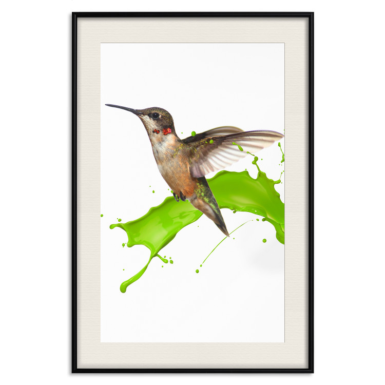 Poster Hummingbird in Flight - Brown bird and spilled paint in green color 114396 additionalImage 14