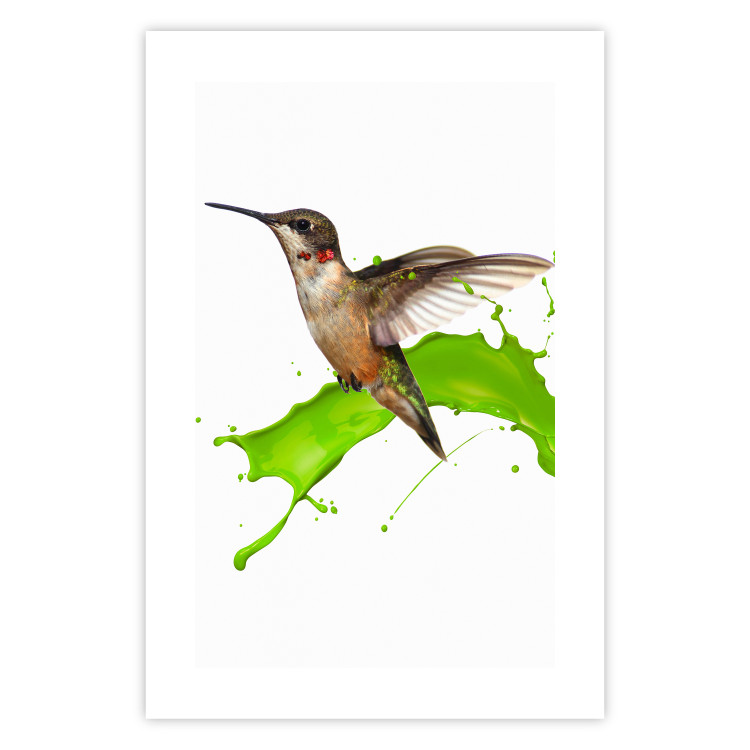 Poster Hummingbird in Flight - Brown bird and spilled paint in green color 114396 additionalImage 16