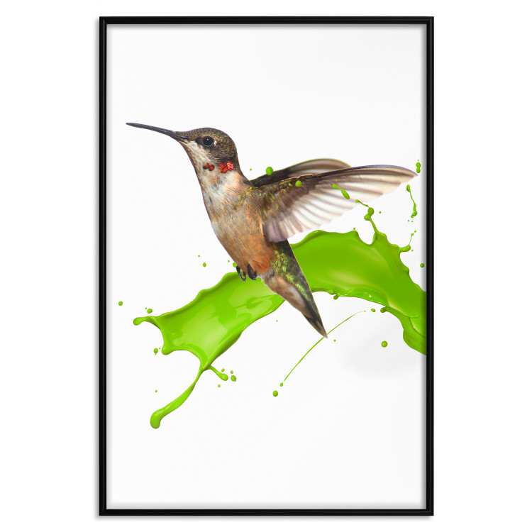 Poster Hummingbird in Flight - Brown bird and spilled paint in green color 114396 additionalImage 17