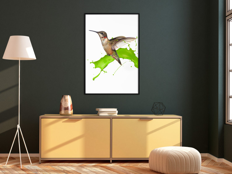 Poster Hummingbird in Flight - Brown bird and spilled paint in green color 114396 additionalImage 13