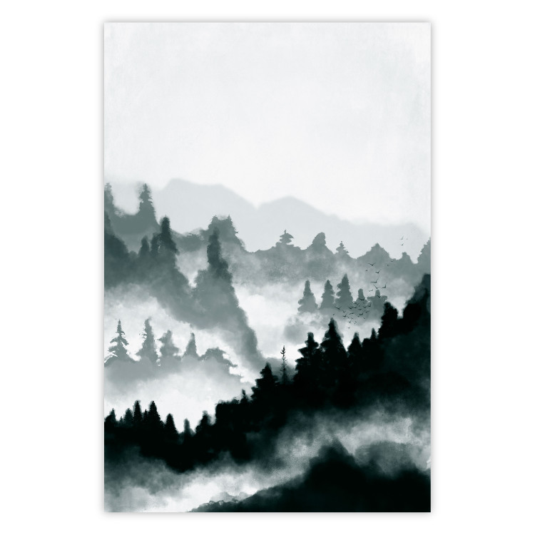 Poster Misty Landscape - misty forest and mountain landscape in a dark composition 130796