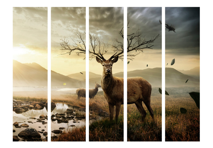 Room Separator Deer Over the Mountain Stream II (5-piece) - animals and fields in the background 132596 additionalImage 3