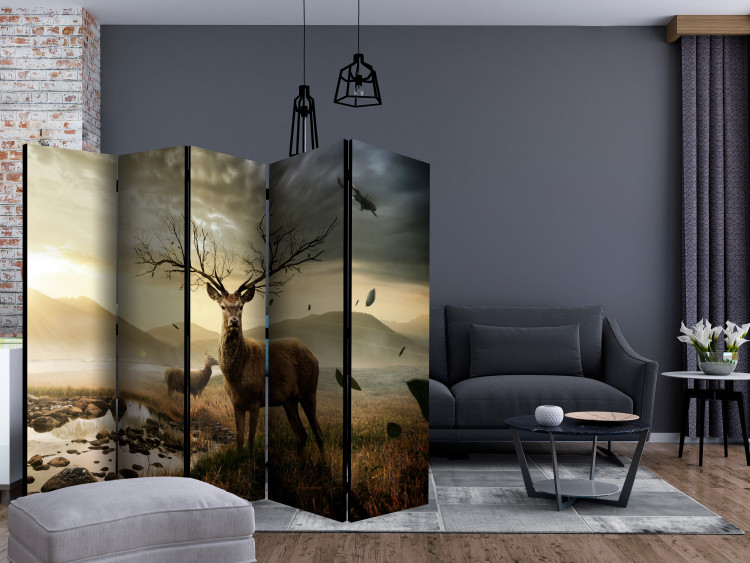 Room Separator Deer Over the Mountain Stream II (5-piece) - animals and fields in the background 132596 additionalImage 4