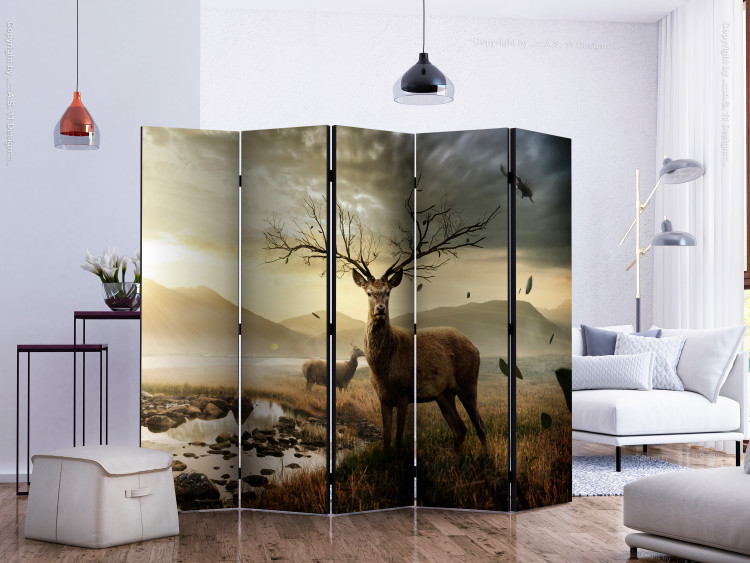 Room Separator Deer Over the Mountain Stream II (5-piece) - animals and fields in the background 132596 additionalImage 2