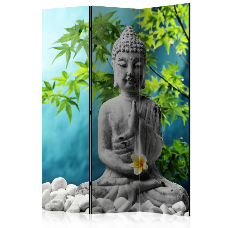 Room Separator Buddha: Beauty of Meditation (3-piece) - stone figure against tree background 133296