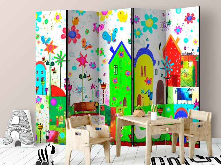 Folding Screen Happy Farm II - colorful house architecture with flowers and animals 133696 additionalImage 2