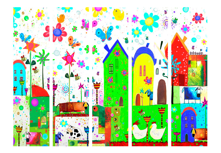 Folding Screen Happy Farm II - colorful house architecture with flowers and animals 133696 additionalImage 3