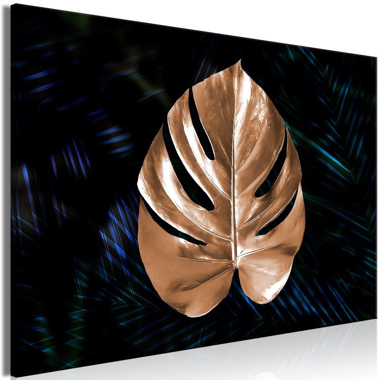 Canvas Print Gold Monstera leaf - Abstract botanical motif on a dark background 135696 additionalImage 2