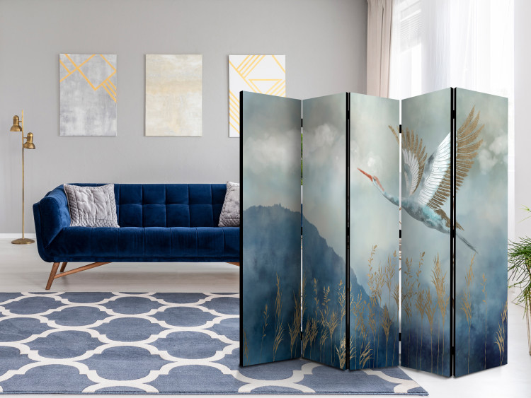 Room Divider Screen Heron in Flight II (5-piece) - Water bird flying amidst mist and clouds 138296 additionalImage 2
