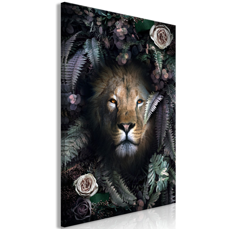 Canvas Print Lion in Leaves (1-piece) Vertical - wild cat among roses and ferns 138596 additionalImage 2