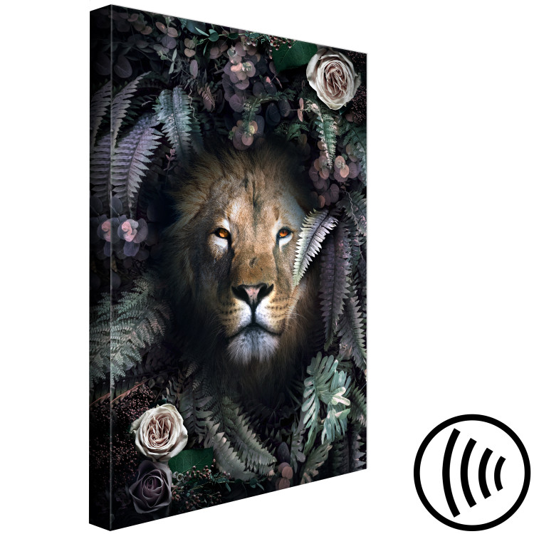 Canvas Print Lion in Leaves (1-piece) Vertical - wild cat among roses and ferns 138596 additionalImage 6