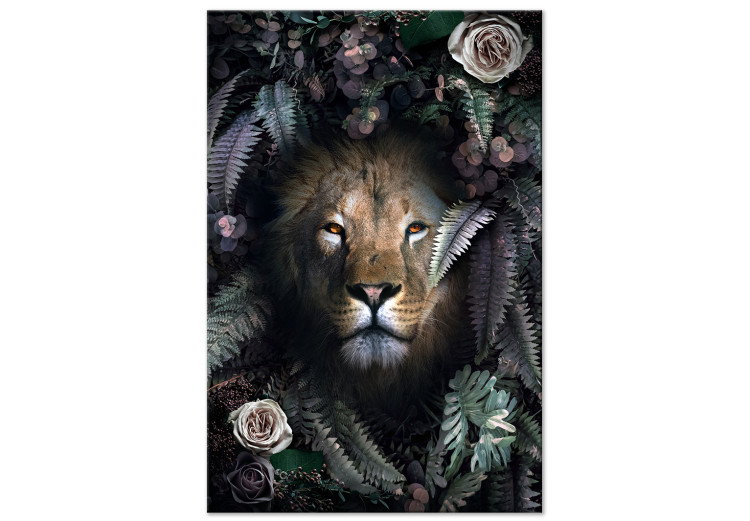 Canvas Print Lion in Leaves (1-piece) Vertical - wild cat among roses and ferns 138596