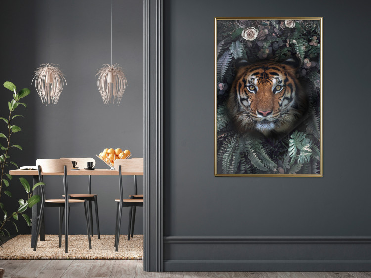 Poster Tiger in Leaves - portrait of a tiger against a background of green plants and flowers 138696 additionalImage 13