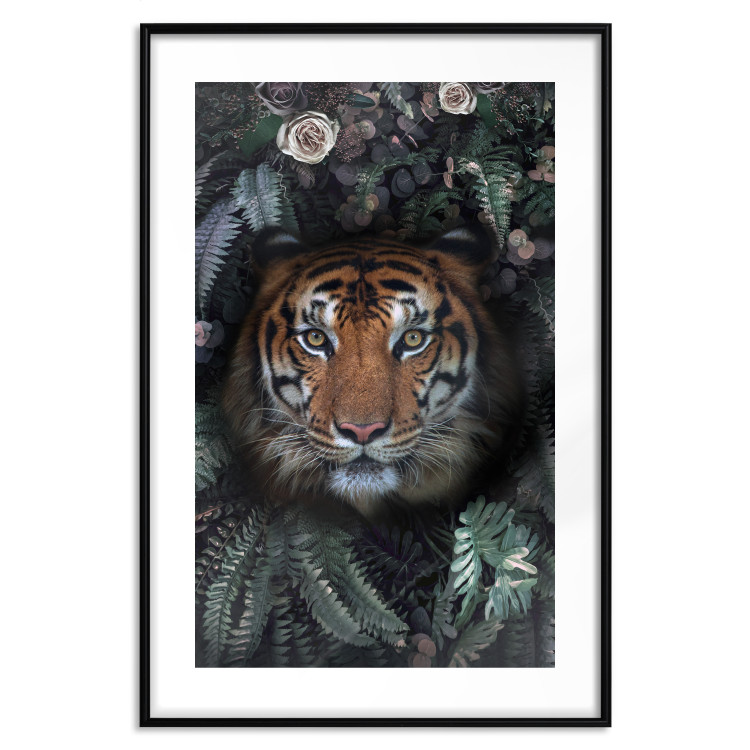 Poster Tiger in Leaves - portrait of a tiger against a background of green plants and flowers 138696 additionalImage 10