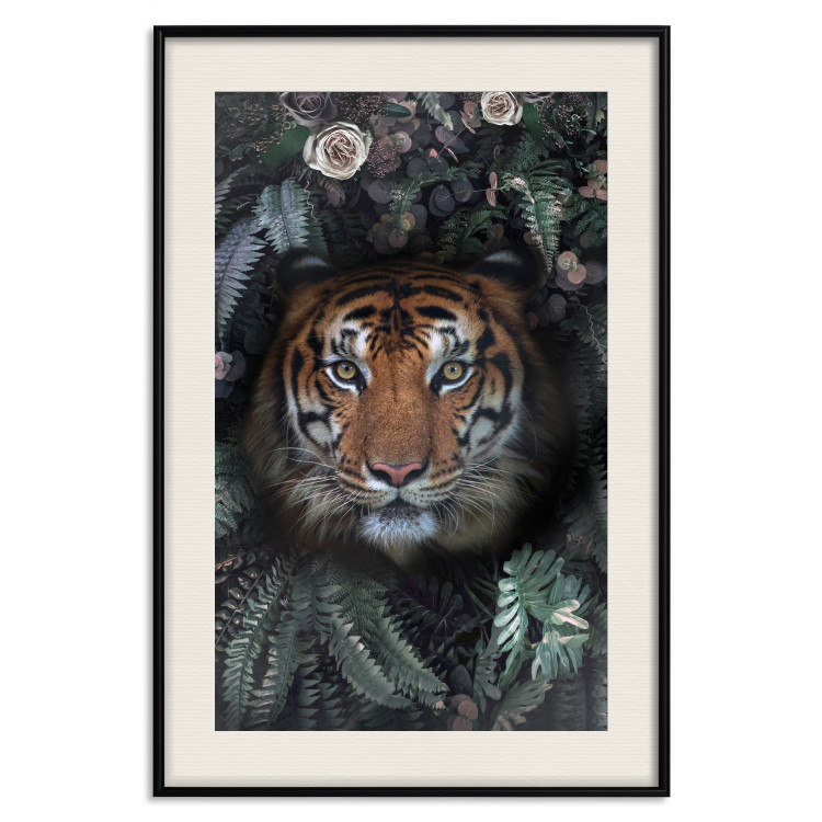 Poster Tiger in Leaves - portrait of a tiger against a background of green plants and flowers 138696 additionalImage 24