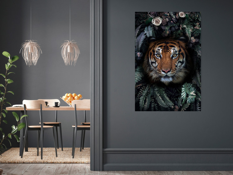 Poster Tiger in Leaves - portrait of a tiger against a background of green plants and flowers 138696 additionalImage 6