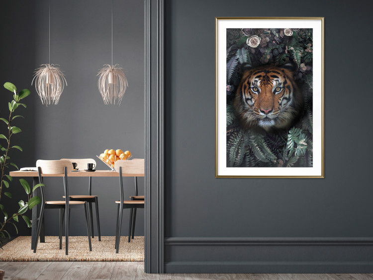 Poster Tiger in Leaves - portrait of a tiger against a background of green plants and flowers 138696 additionalImage 21