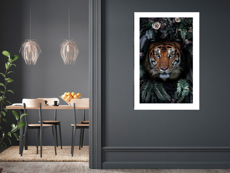 Poster Tiger in Leaves - portrait of a tiger against a background of green plants and flowers 138696 additionalImage 18