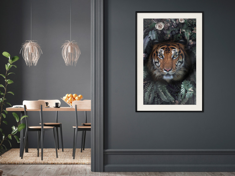 Poster Tiger in Leaves - portrait of a tiger against a background of green plants and flowers 138696 additionalImage 12