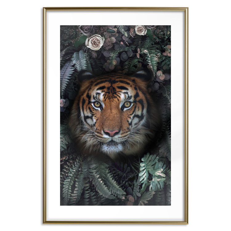 Poster Tiger in Leaves - portrait of a tiger against a background of green plants and flowers 138696 additionalImage 15