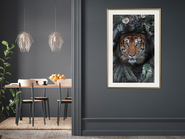 Poster Tiger in Leaves - portrait of a tiger against a background of green plants and flowers 138696 additionalImage 22