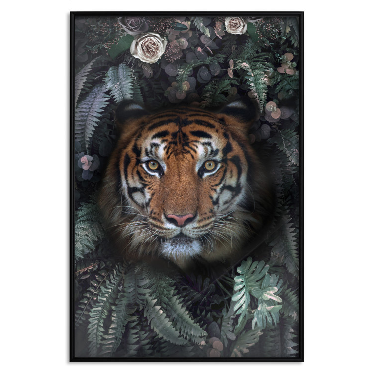 Poster Tiger in Leaves - portrait of a tiger against a background of green plants and flowers 138696 additionalImage 25