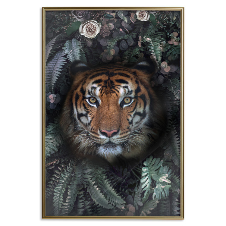 Poster Tiger in Leaves - portrait of a tiger against a background of green plants and flowers 138696 additionalImage 27