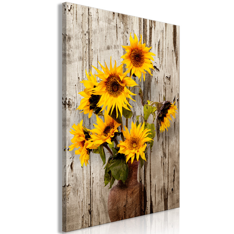 Canvas Art Print Sunflowers (1-piece) - yellow flowers in a vase on a wooden background 144596 additionalImage 2