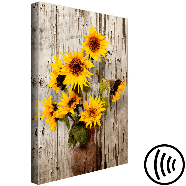 Canvas Art Print Sunflowers (1-piece) - yellow flowers in a vase on a wooden background 144596 additionalImage 6