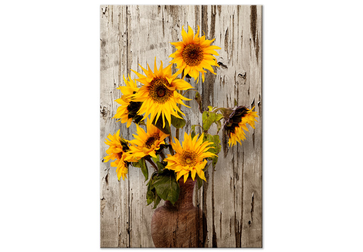Canvas Art Print Sunflowers (1-piece) - yellow flowers in a vase on a wooden background 144596