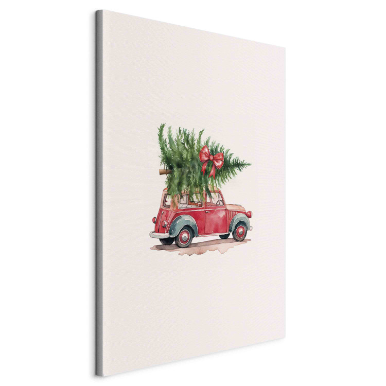 Canvas Art Print Christmas Transport - Watercolor Illustration of a Car With a Christmas Tree on the Roof 151696 additionalImage 2