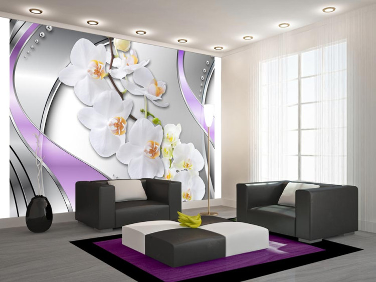 Photo Wallpaper Orchids in Violet - Modern Floral Abstraction on a Silver Background 60296