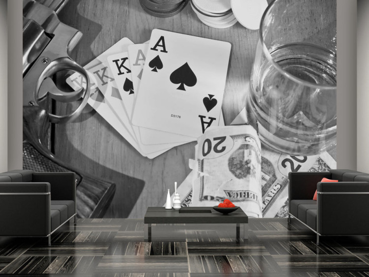 Wall Mural Men's Evening with Poker - Black and white theme of a money game with whiskey 61096