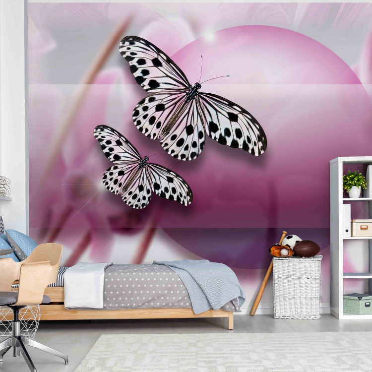 Photo Wallpaper Butterfly Planet - White spotted butterflies on a blurred ball and flowers background 61296 additionalImage 6
