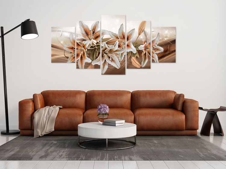 Canvas Print Brown Graces (5-piece) - Plump Lilies and Brown Ornaments in the Background 93796 additionalImage 3