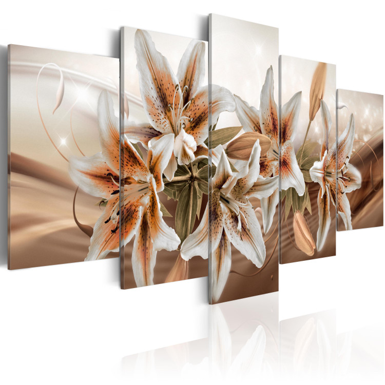 Canvas Print Brown Graces (5-piece) - Plump Lilies and Brown Ornaments in the Background 93796 additionalImage 2