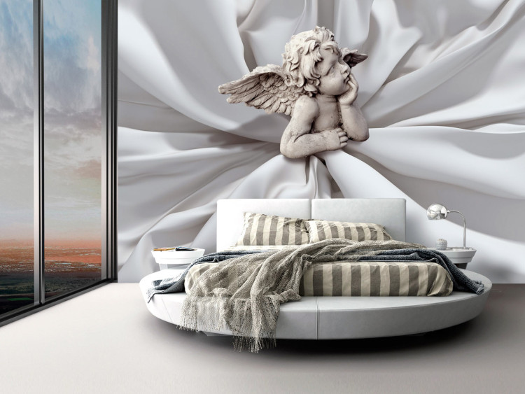 Photo Wallpaper Angelic romantic dream - angel cupid sculpture amid white fabric 97496