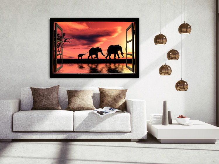 Canvas Print Wandering elephants seen through an open window - African landscape 125007 additionalImage 3